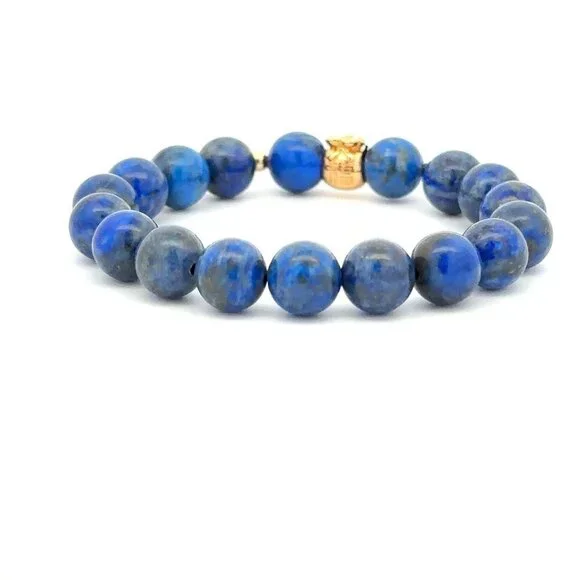 18K Gold Money Bag Lucky Charm Beads Bracelet Gemstones Lapis Lazuli 8mm - Picture 8 of 9